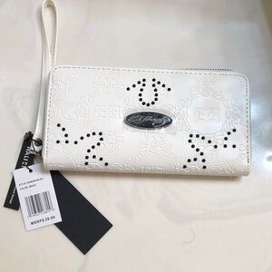 Ed Hardy White ZA Wallet Embossed Skull & EH Logo Pattern Stud Accents NWT